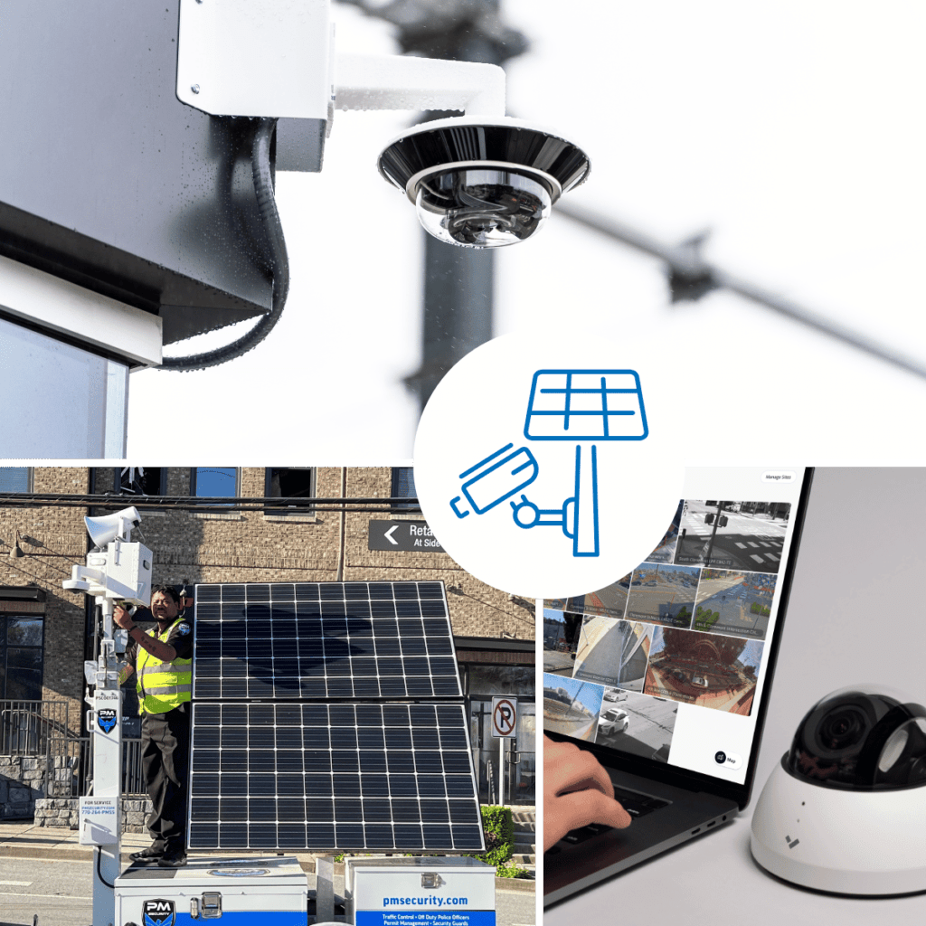 a collage of a man standing on a building with a camera and a laptop setting up remote security monitoring equipment