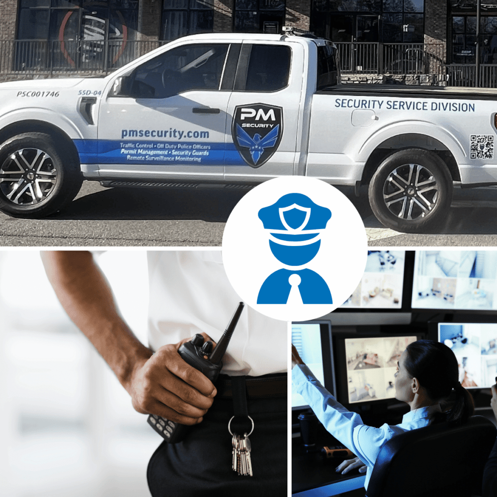 A collage showing a security guard and their work vehicle