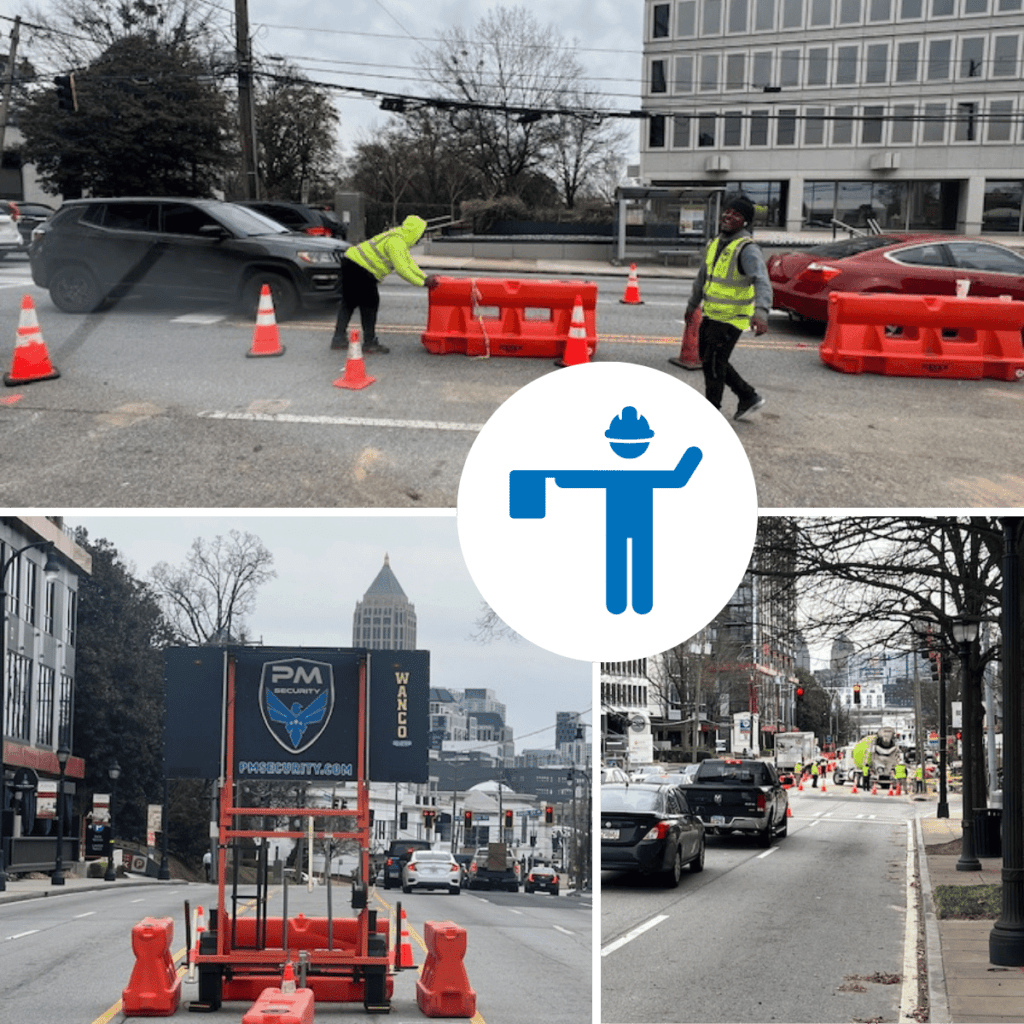 a collage of a road construction site showing team member safely controlling traffic